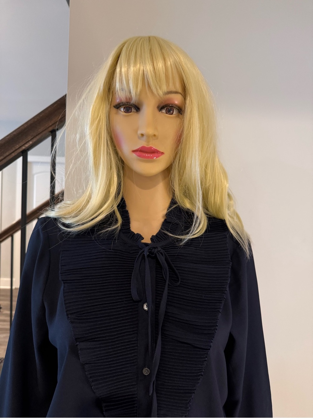 Ann Taylor Navy Pleated V-Front Button-Down Blouse